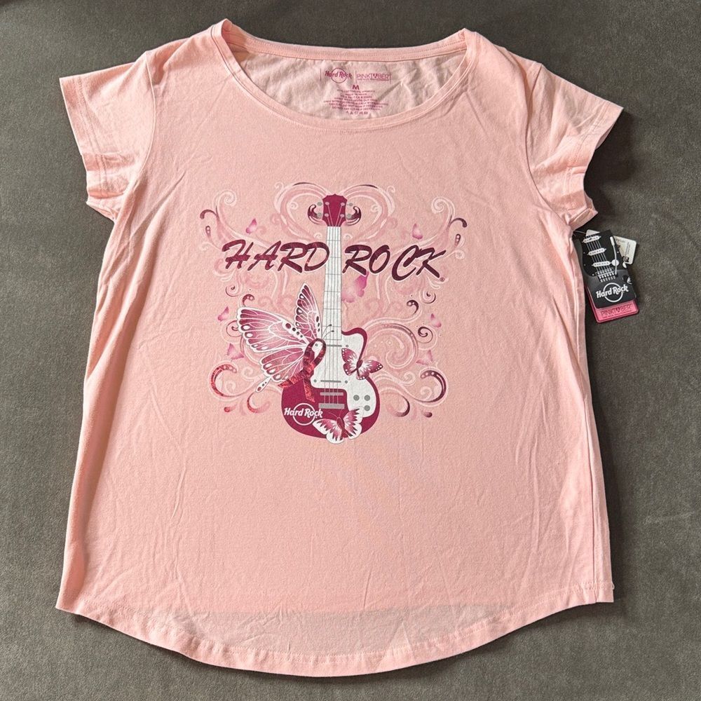 Women’s Pink Hard Rock Pinktober T-Shirt Guitar Butterfly Details Size M NWT